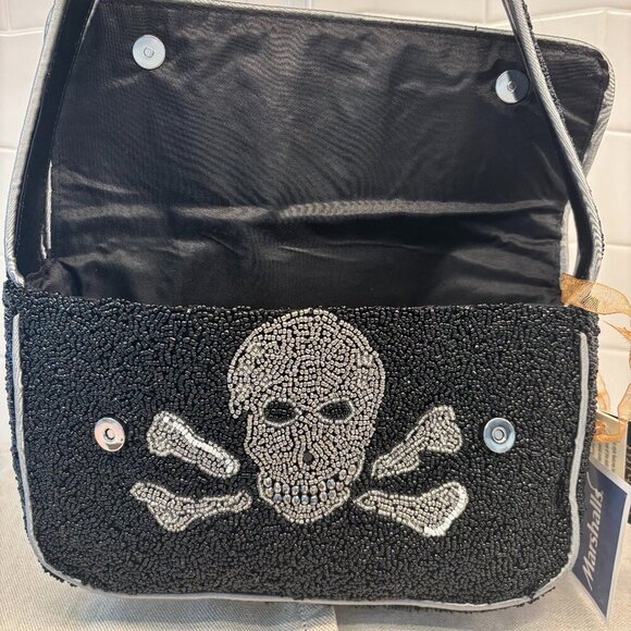 ☠️🖤Made in India Beaded Skull and Crossbones Shoulder Bag - Black & Silver☠️🖤 - Picture 2 of 10